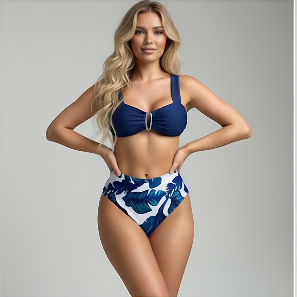 High Waist Blue Tropical Print Bikini Swimsuit
